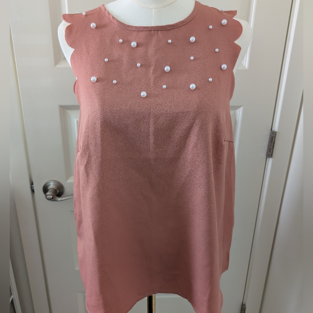 SHEIN Sleeveless Blouse Scalloped Mauve Pink Embellished with Faux Pearls XL